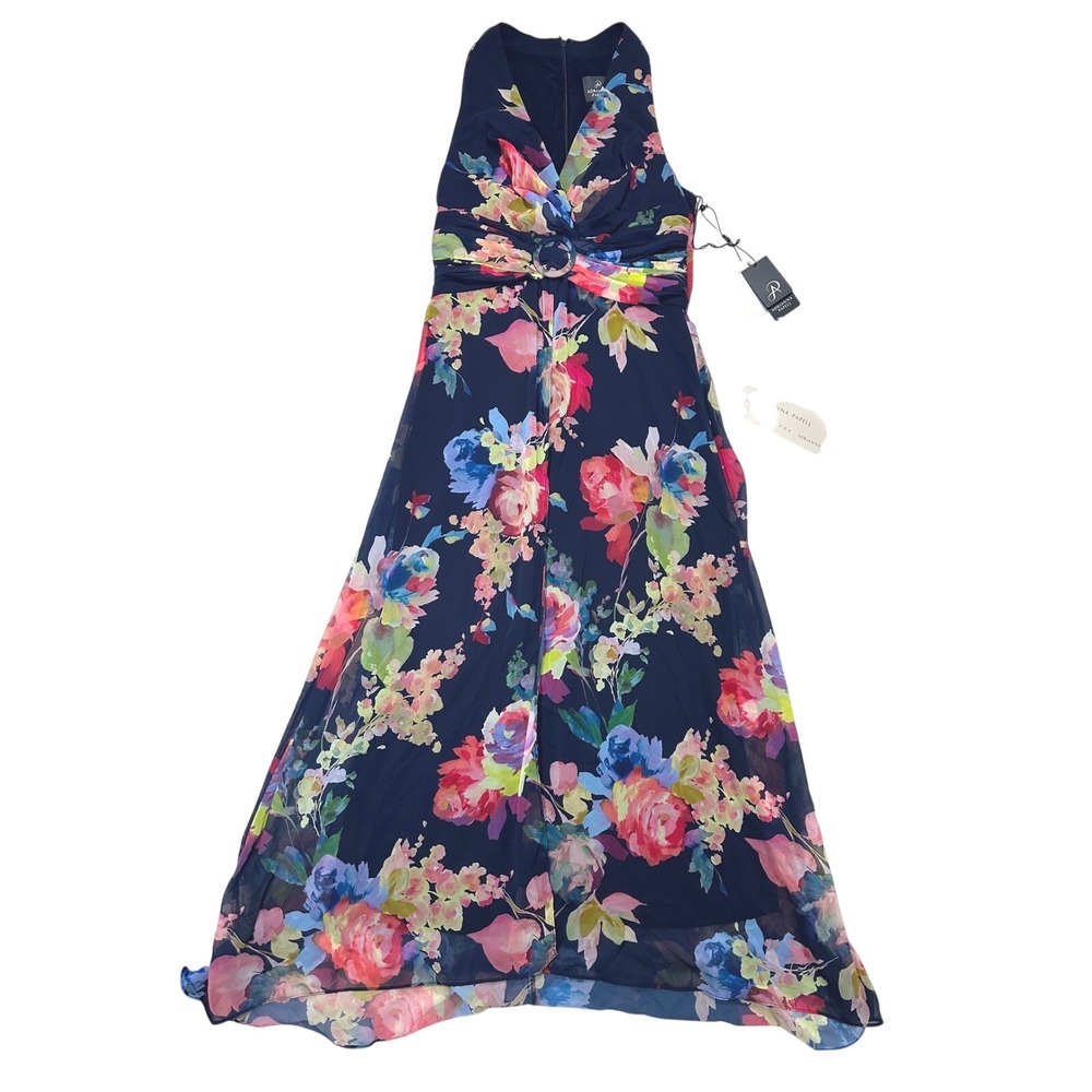 Adrianna Papell Navy Multi Floral Print Chiffon Jumpsuit Size‎ 8 NWT